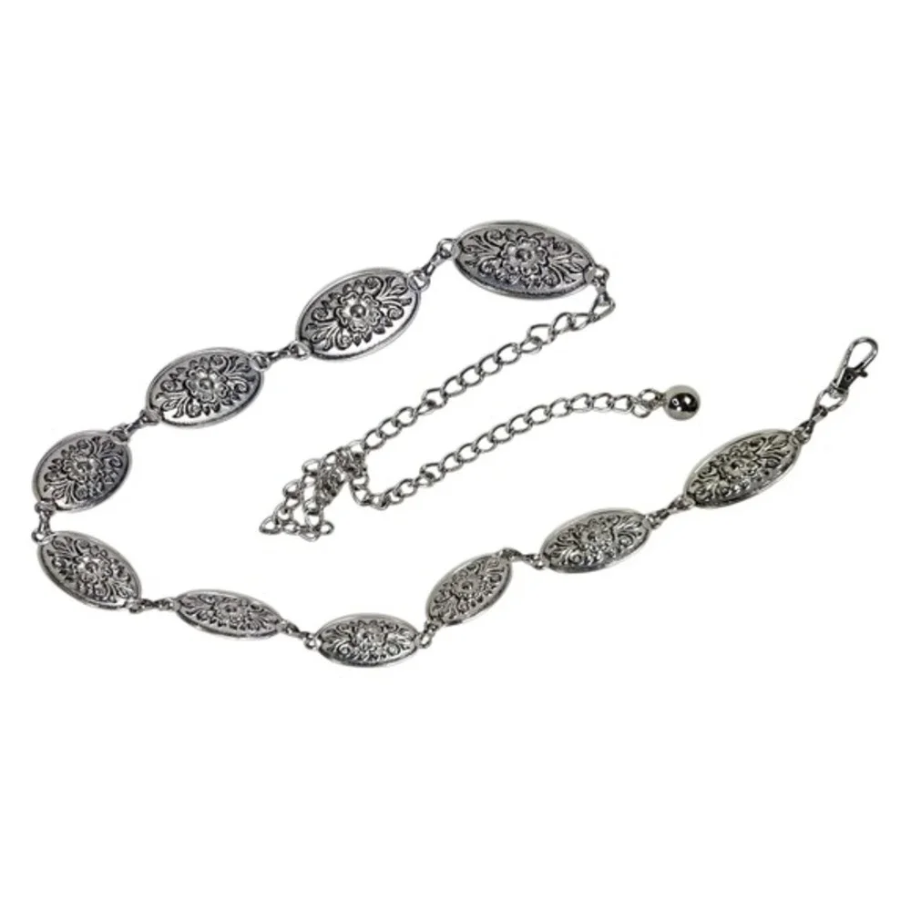 Concho‎ Western Chain Belt Antique Silver Tone Flower Pattern Womens Adjustable